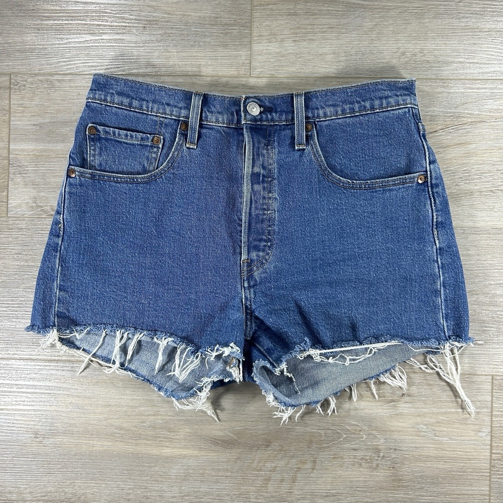 Levi 501 Size 30 Raw Hem Button Fly Denim Shorts Cut Off Blue Medium Wash‎